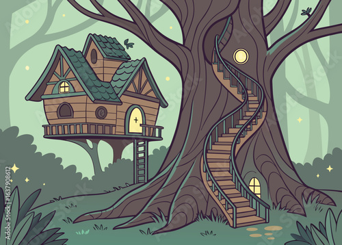 Whimsical treehouse with a spiral staircase in a magical forest