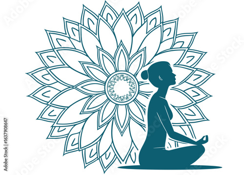 Woman meditating in yoga pose with mandala meditation