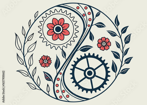 Yin Yang symbol with gears and flowers balance harmony