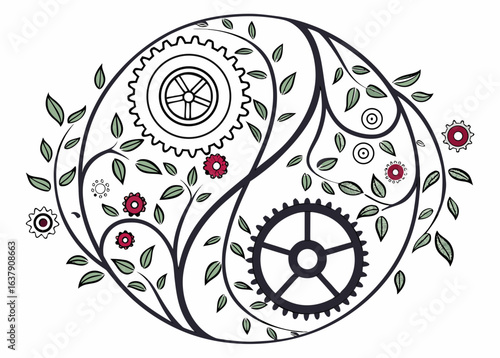 Yin Yang Symbol with Gears and Leaves on White nature