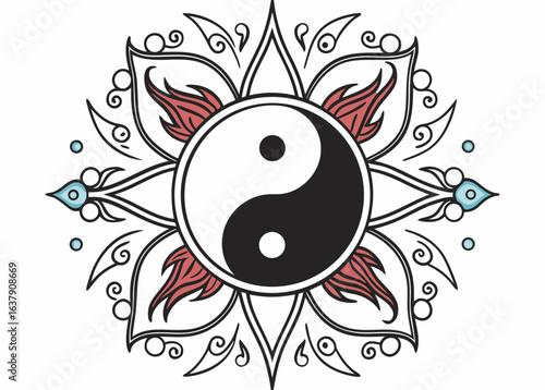 Yin Yang Symbol with Floral Mandala Design taijitu