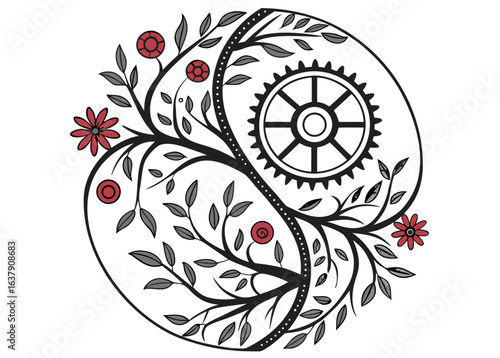 Yin Yang symbol with gears and floral elements balance