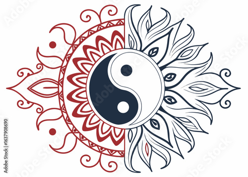 Yin Yang Symbol with Half Sun and Half Flower Mandala