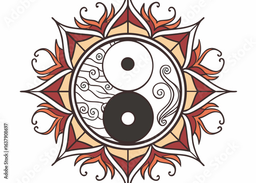 Yin Yang Symbol within a Mandala Design on White Background