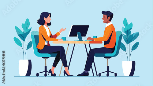 Man and woman at a desk for a job interview or business consultation. Vector illustration.