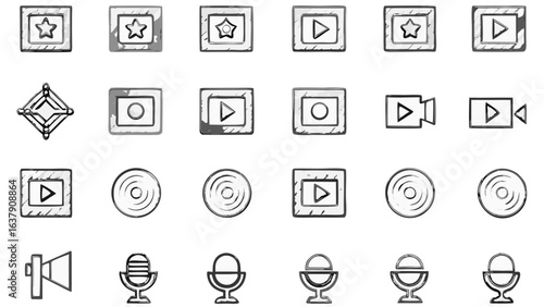 Collection of media related icons including video players, microphone, and speaker in sketch style silhouette