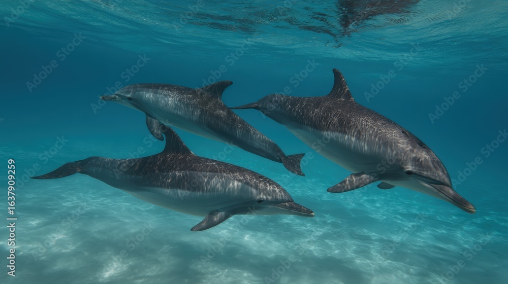 Fototapeta premium Three dolphins swimming in the turquoise ocean with sunlit sand, perfect for marine life and ocean conservation