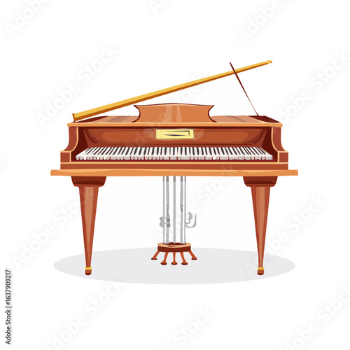 Grand piano illustration, cartoon style, musical instrument with keys, concert, wood grain, and a playful design.