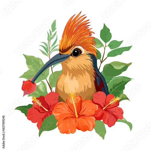 Exotic bird with orange crest surrounded by vibrant hibiscus flowers and lush tropical foliage vector design illustration