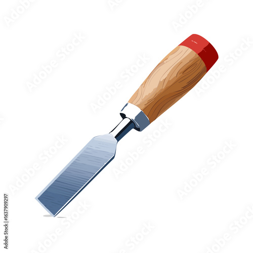 Chisel tool illustration with a wooden handle for woodworking crafts.  Hand tool on black background. Carpentry wood crafting equipment.
