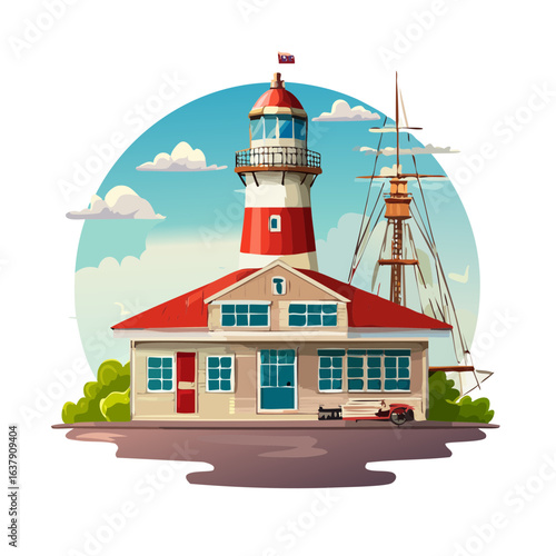 Coastal lighthouse station and sailboat mast against a blue sky illustration