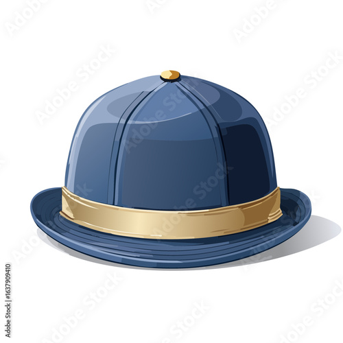 Bowler hat illustration with blue color and golden strip on brim, isolated on black background.