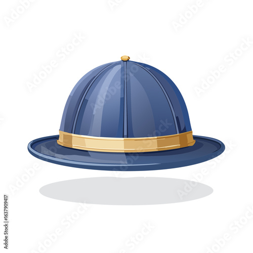 Illustration of a blue pith helmet with a gold band, evoking vintage exploration and adventure.