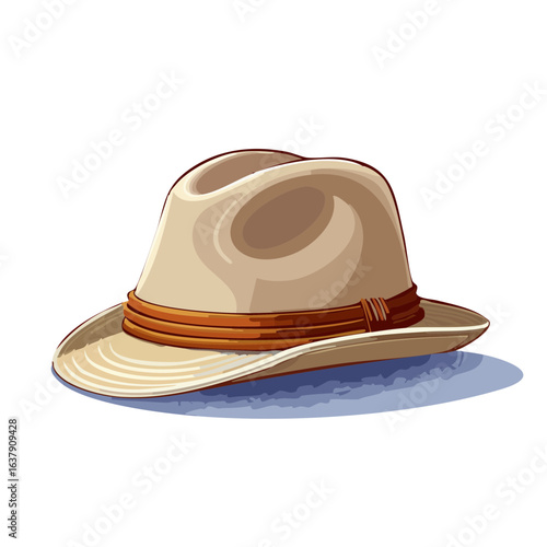Cartoon style beige fedora hat with brown band accessory on black background Men's headwear symbol