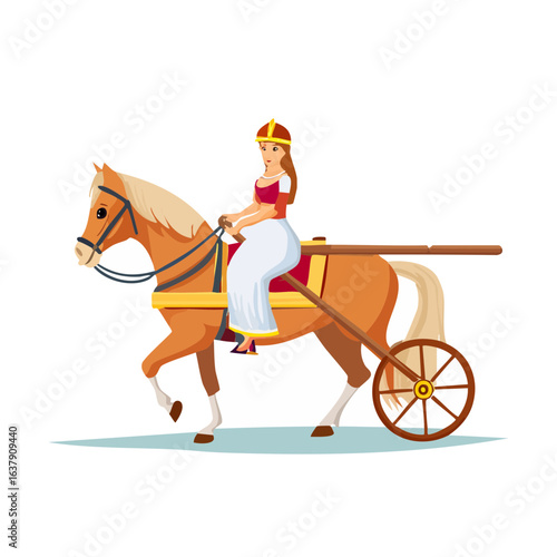 Chariot racer with horse drawn carriage cartoon vector illustration. Woman in ancient Roman or Greek chariot vehicle.