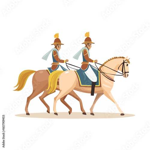 Two riders on horses wearing traditional uniforms and hats illustration for equestrian themes or historical reenactment concepts