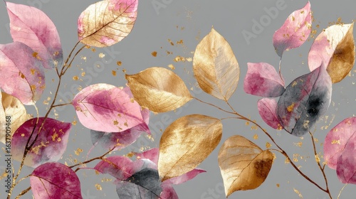 Artistic illustration of delicate, colorful leaves with golden accents against a soft, neutral background, evoking a sense of elegance.