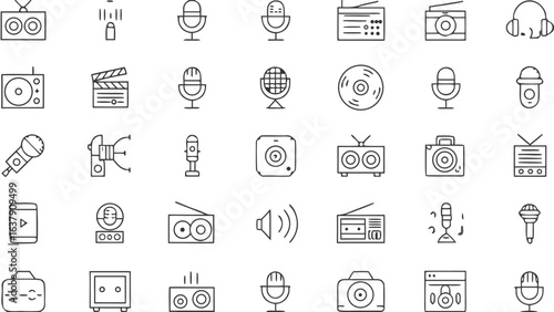 Collection of audio and video equipment icons including microphones radios and speakers in outline style silhouette