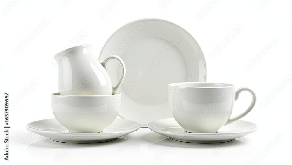 Fototapeta premium White porcelain tableware set displayed on a white background.