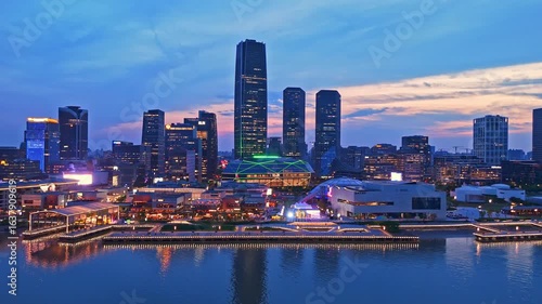 4K real time Aerial view of The West Bund in Xuhui district, Shanghai at night.