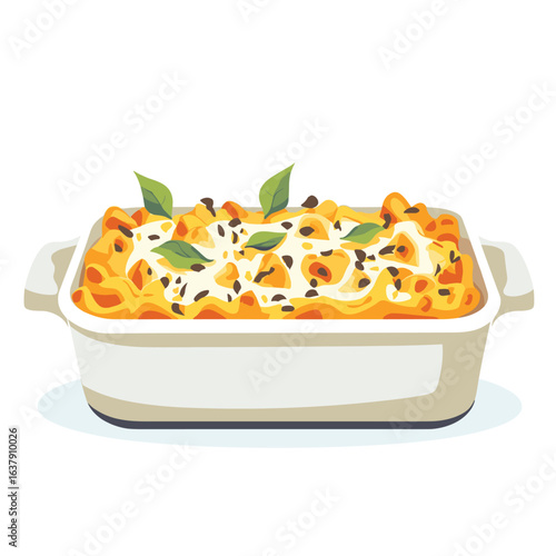flat vector of a casserole dish with cheesy baked pasta