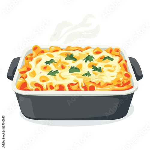 flat vector of a casserole dish with cheesy baked pasta