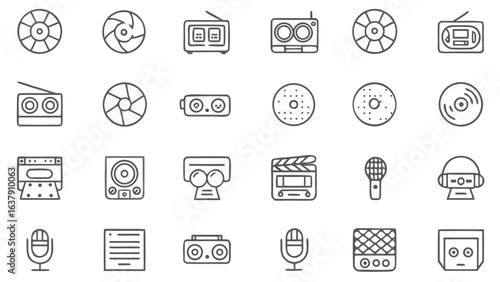 Collection of audio equipment and media icons featuring radios, speakers, microphones, and various disc formats silhouette