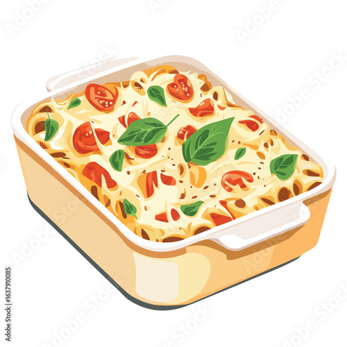 flat vector of a casserole dish with cheesy baked pasta