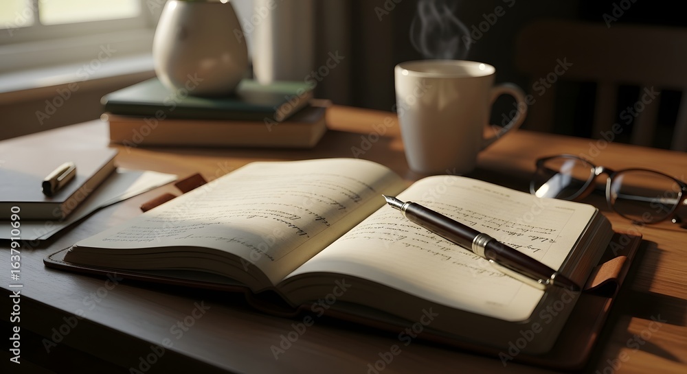 Naklejka premium Cozy Study Scene: Journal, Pen, and Coffee on Desk