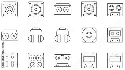 Illustration of audio equipment including speakers headphones cassettes and other music related items outlined silhouette