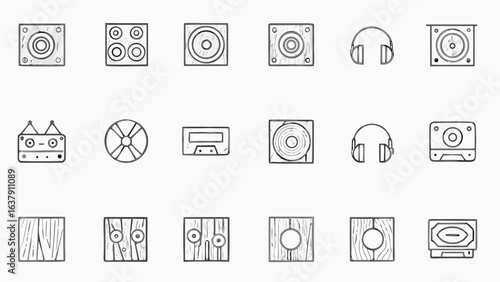 Illustration showing various audio equipment including speakers headphones cassette players and record players silhouette