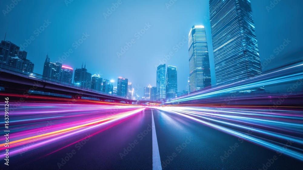 Fototapeta premium Urban Nightscape with Dynamic Light Trails: Capturing City Life and Modern Transportation in Motion