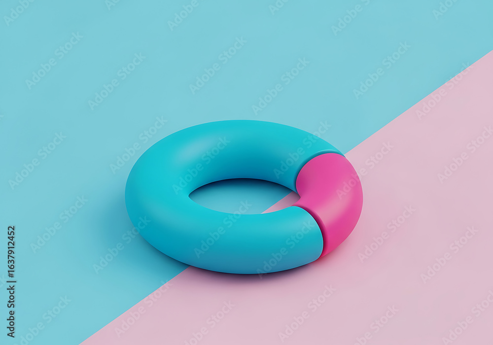 Blue and pink donut shape on a twotone background in 3d render Blue and pink donut shape on a twotone background in 3d render