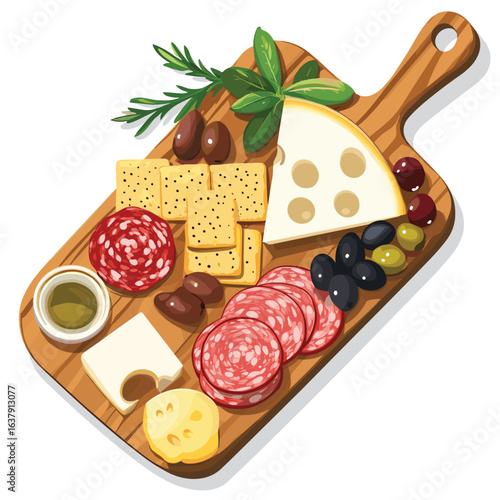 flat vector of a charcuterie board with cheese, meat, olives and crackers