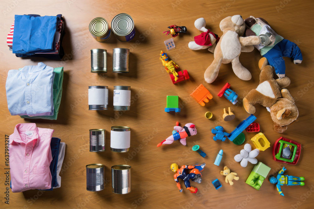 Fototapeta premium Organized collection of children's toys and canned goods for donation or charity, showcasing essential items for families in need.