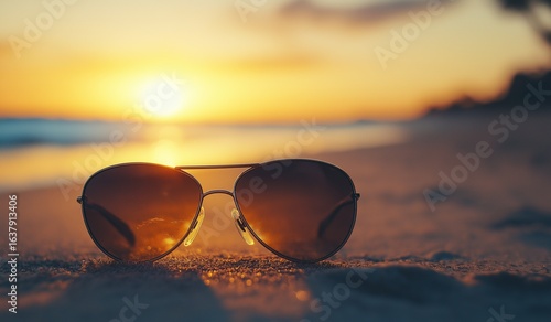 Wallpaper Mural Stylish sunglasses resting on golden sand at sunset, bathed in warm bokeh light with a dreamy ocean backdrop, evoking serene summer vacation vibes Torontodigital.ca