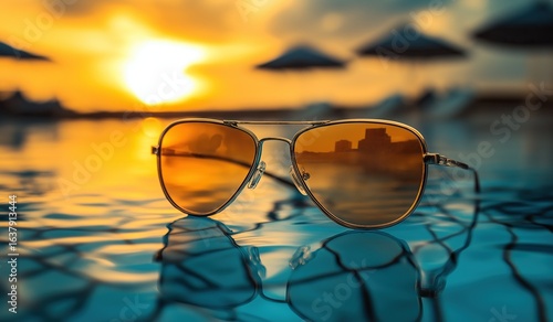 Wallpaper Mural Stylish sunglasses perched on a pool edge, mirroring golden sunset hues and vibrant water reflections for a serene summer escape Torontodigital.ca
