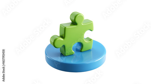 Green puzzle piece on blue platform solution connection teamwork