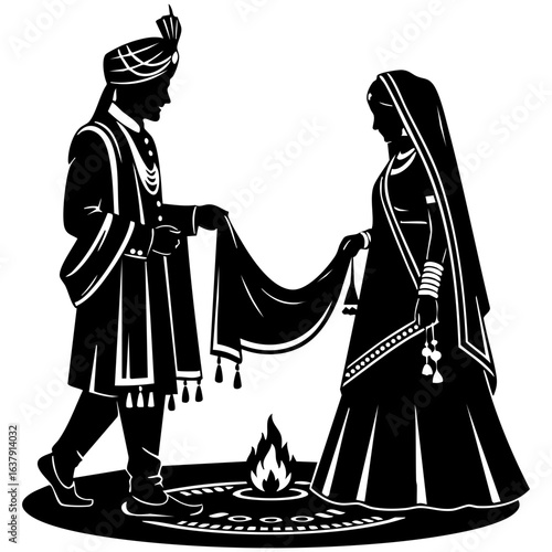 Minimal Hindu Wedding Saat Phere Fire Ritual Vector Illustration