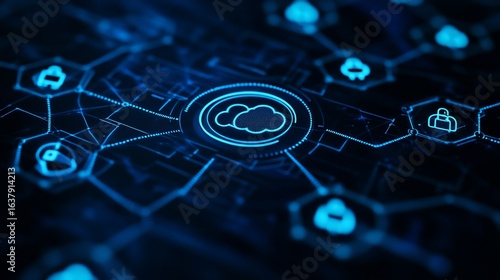 Futuristic data transfer concept with a central cloud in glowing blue network grid