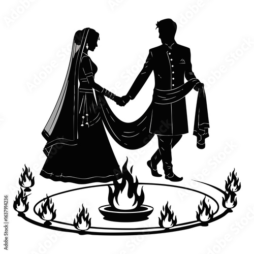 Minimal Hindu Wedding Saat Phere Fire Ritual Vector Illustration