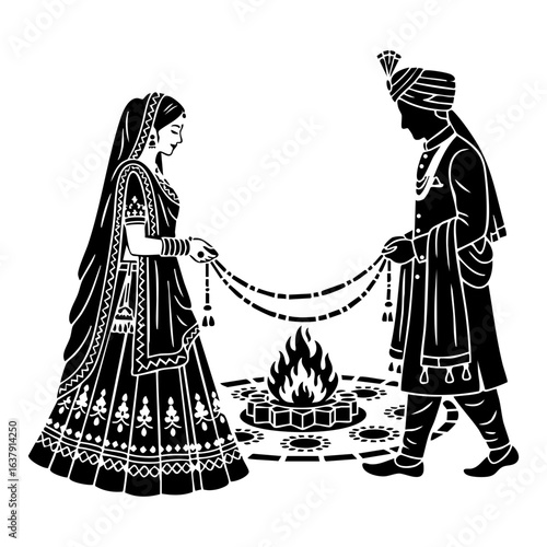 Minimal Hindu Wedding Saat Phere Fire Ritual Vector Illustration