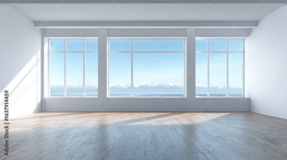 Fototapeta premium Bright Empty Room with Large Windows Overlooking Ocean and Distant Mountains, Modern Interior Architecture