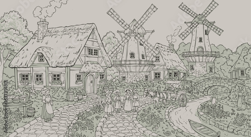 Charming line art illustration of a historic European countryside village with windmills and thatched-roof cottages.