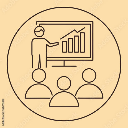 Business Presentation:  Simple Line Art Icon Showing Presenter and Audience Reviewing Upward Trending Graph, Positive Growth, Financial Success, Strategic Planning Meeting,  Teamwork Concept.