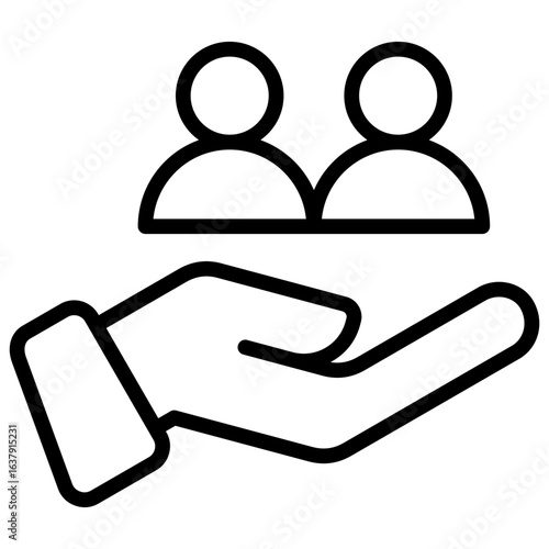 Customer Care Outline Icon Design Vector - Hand supporting two people icons, representing service, support, or client care
