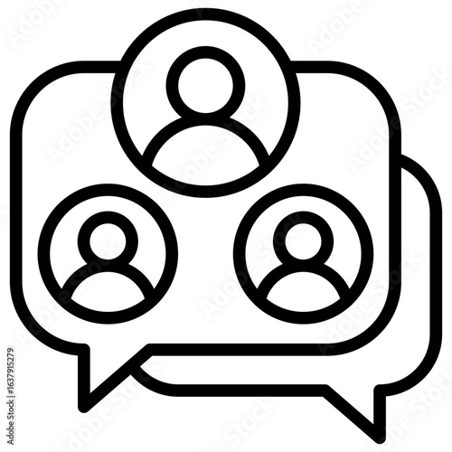 Group Chat Outline Icon Design Vector - Speech bubble with multiple user icons, representing group conversation, teamwork, or collaboration