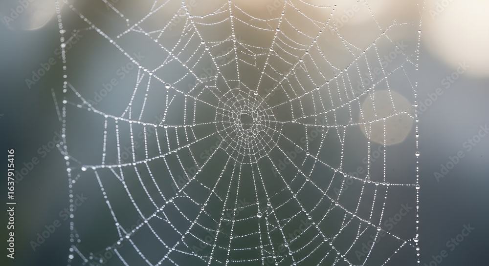 Fototapeta premium Dewcovered spiderweb with a radial pattern against a blurry background