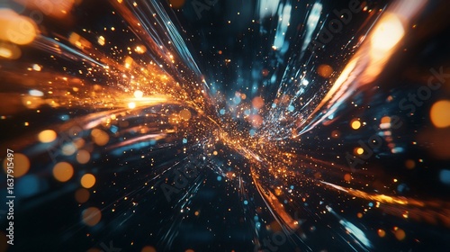 Abstract digital waves with orange particles and blue futuristic lines