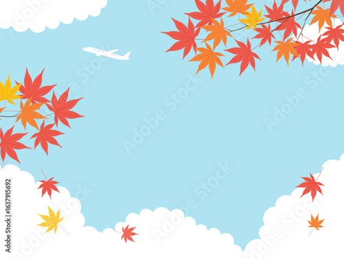 秋旅をイメージした紅葉と青空の背景_ベクターイラスト